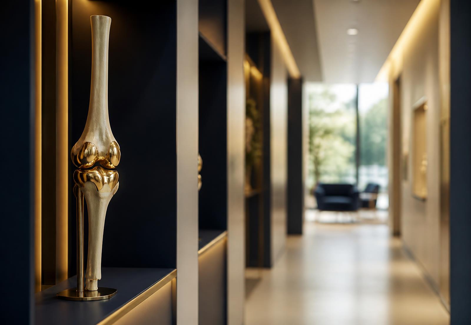 Sunlit orthopaedic clinic corridor with an anatomical knee model